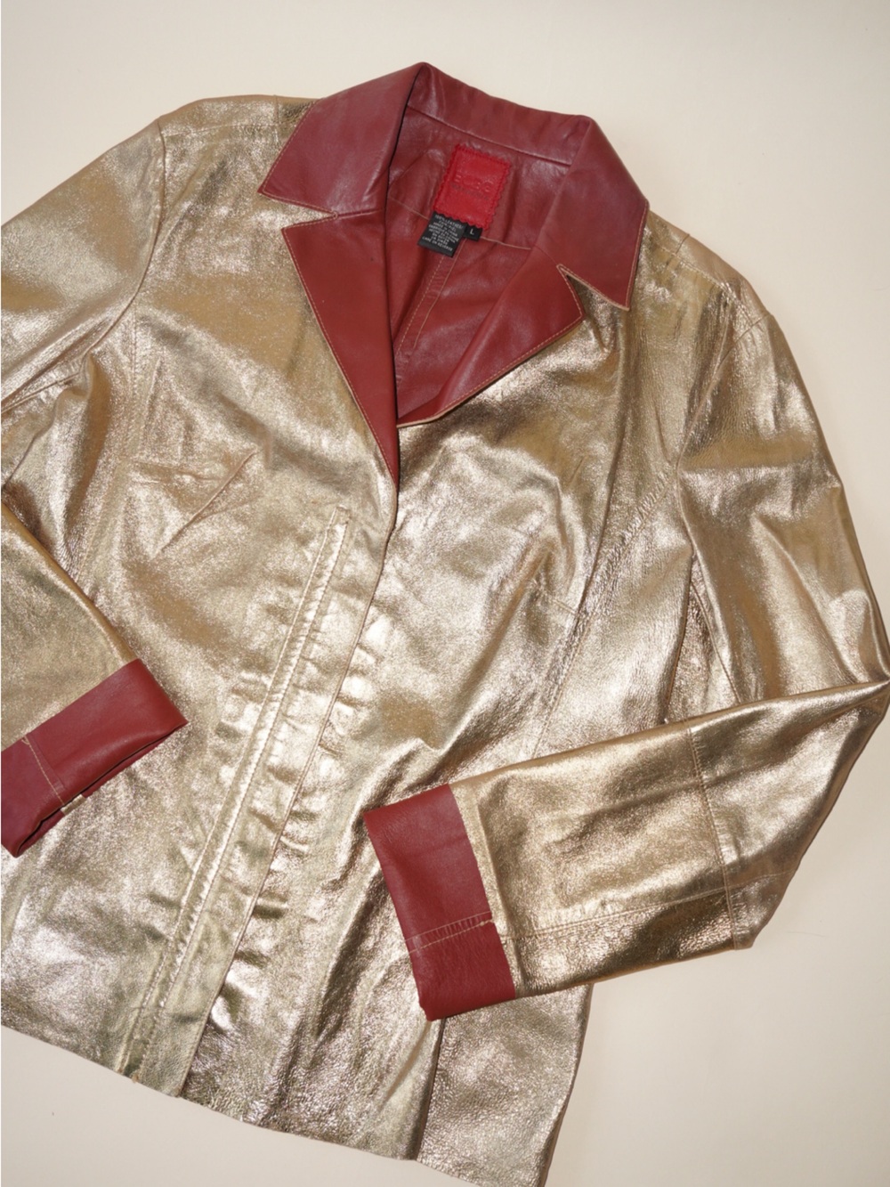 BCBGMaxazria Gold/Red Leather Metallic Leather Moto Jacket - Size Large